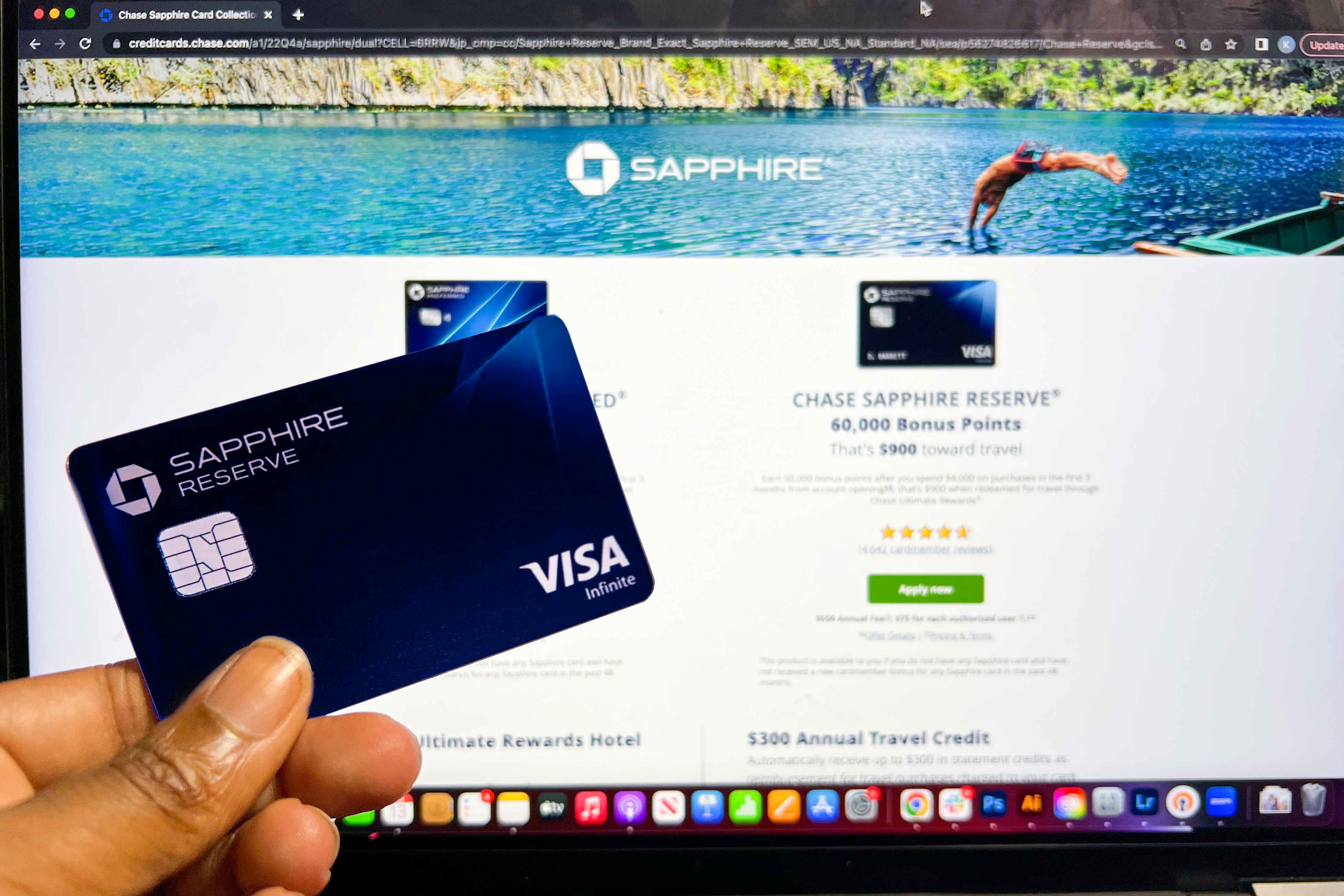 Chase Sapphire Reserve credit card in front of a computer screen 