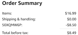 amazon order summary with savings and total