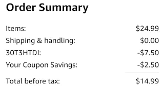 amazon order summary showing savings and total