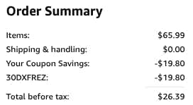 screenshot of promo code, coupon and final price
