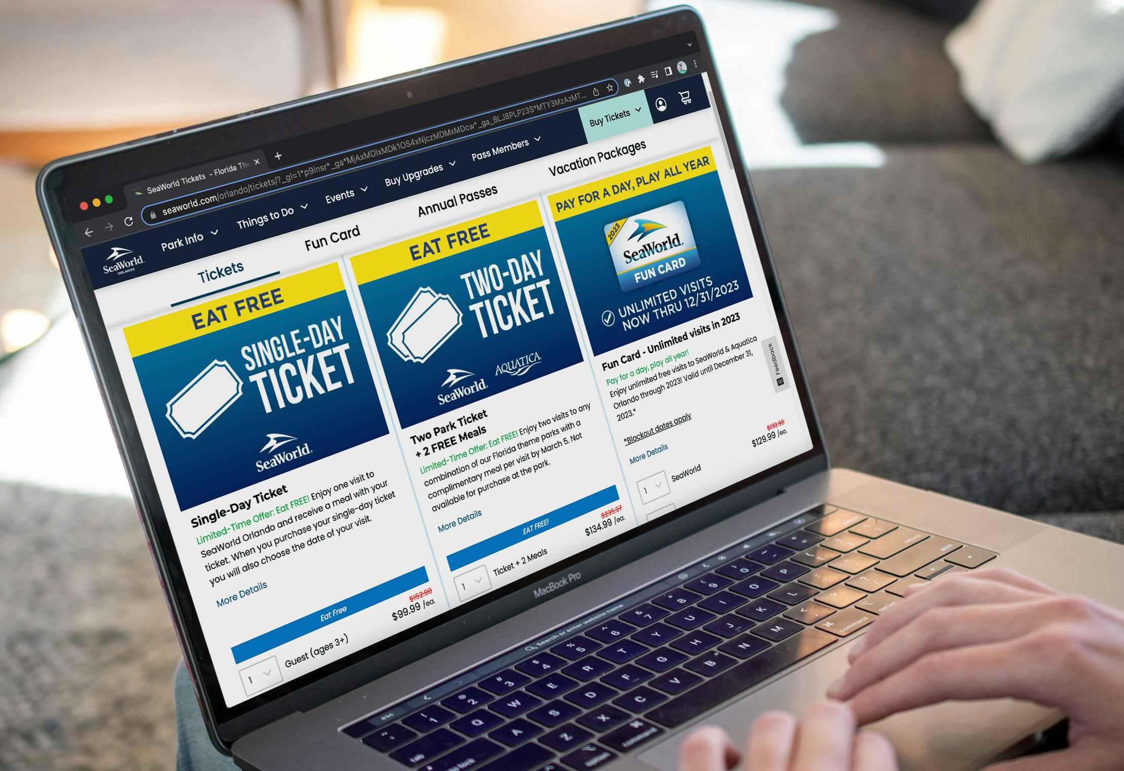 A laptop open to the Sea World ticket buying webpage