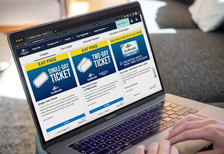 A laptop open to the Sea World ticket buying webpage