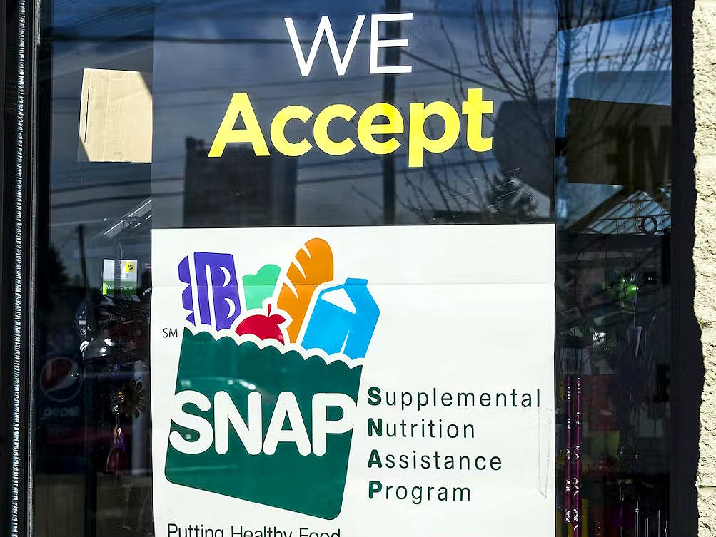 store window with snap signage