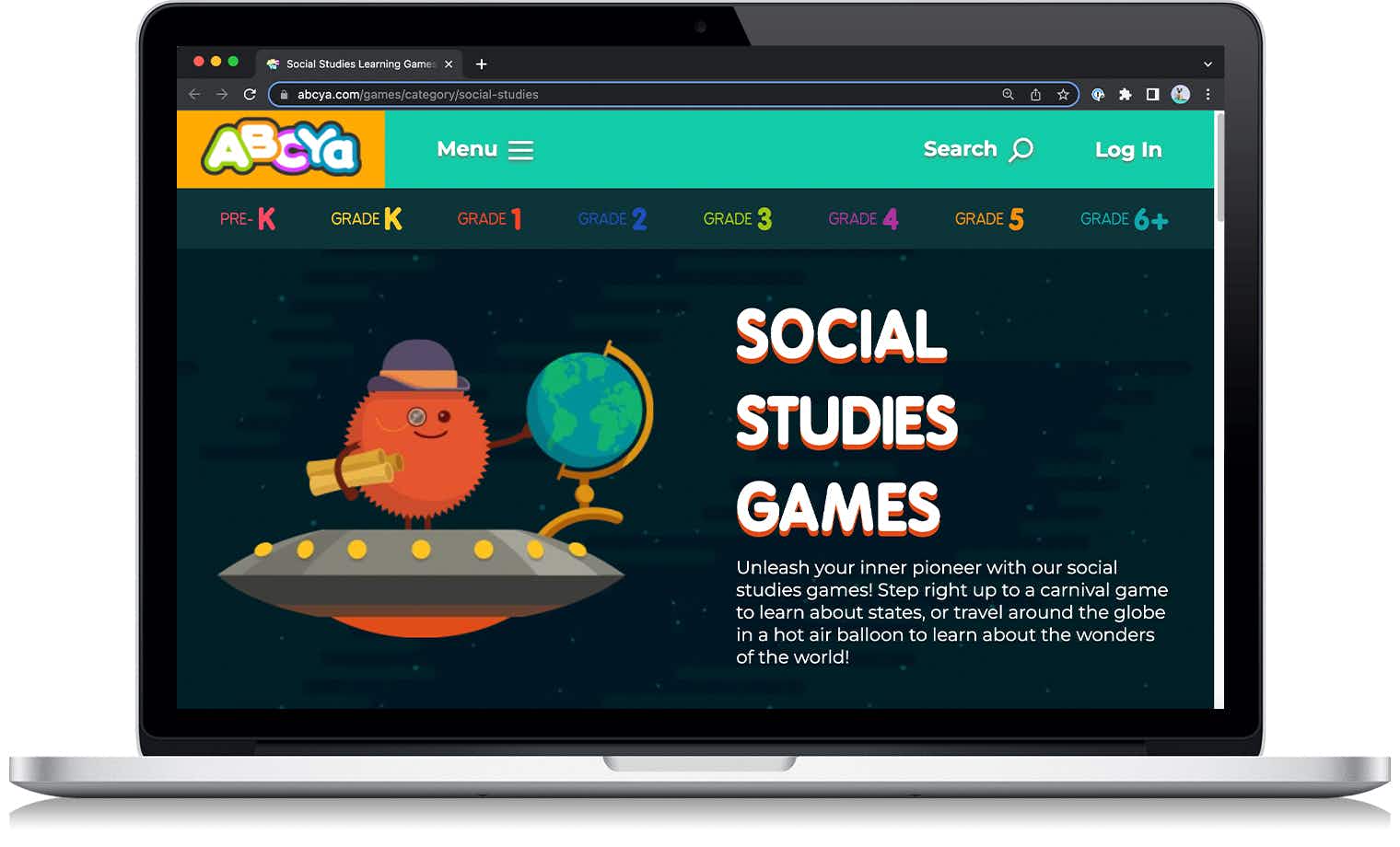 A screenshot from the ABCya social studies games website on a laptop