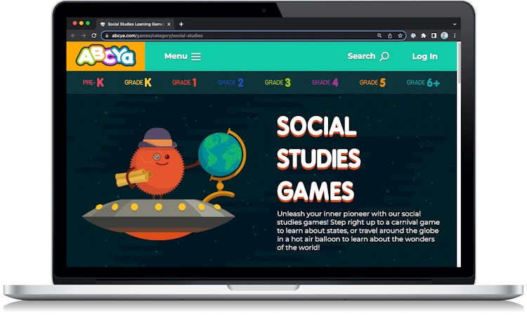 A screenshot from the ABCya social studies games website on a laptop