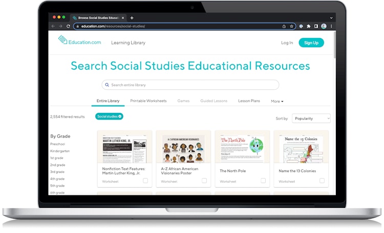 A screenshot from the Education.com social studies games website on a laptop