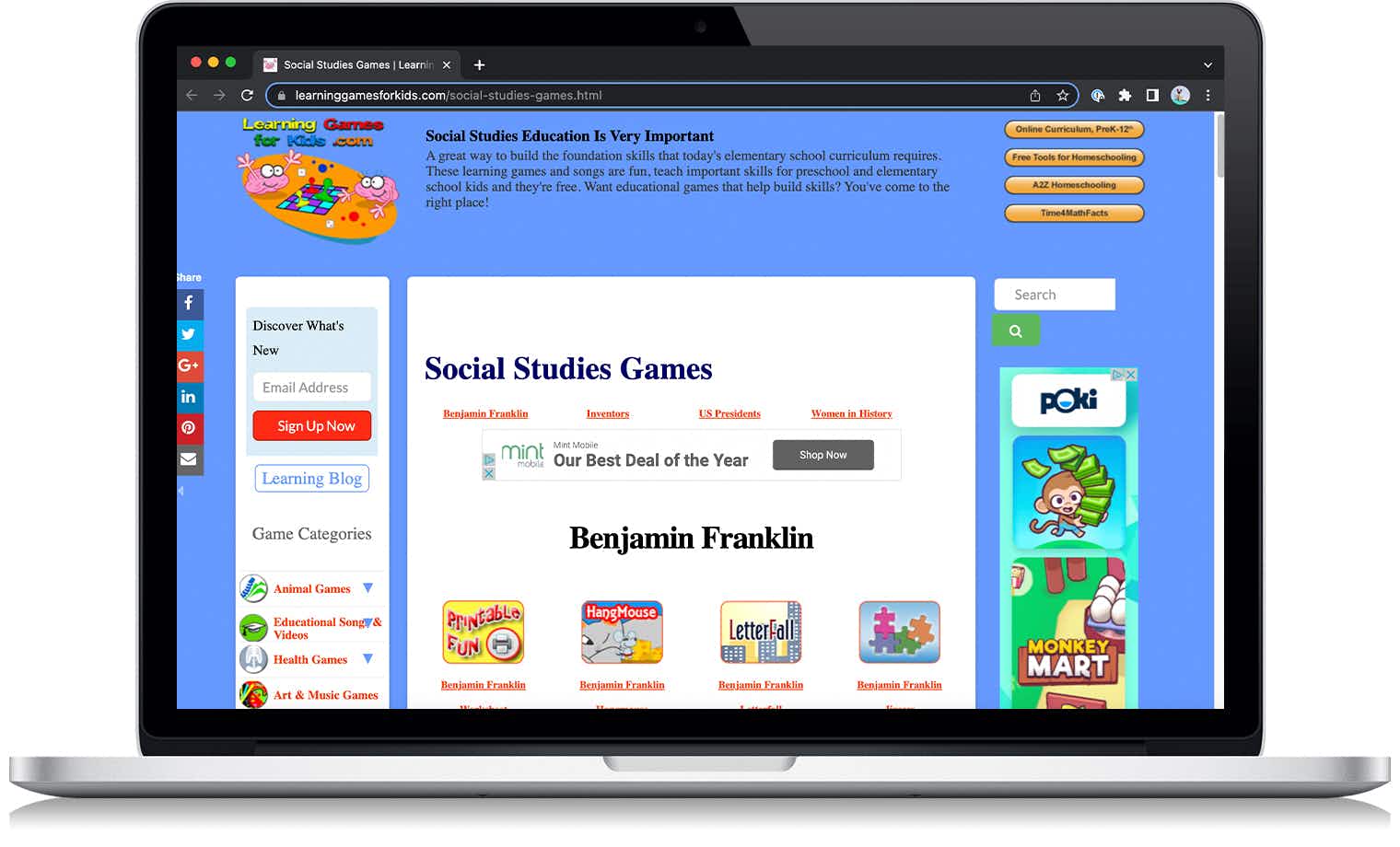 A screenshot from the LearningGamesForKids Funschool website on a laptop