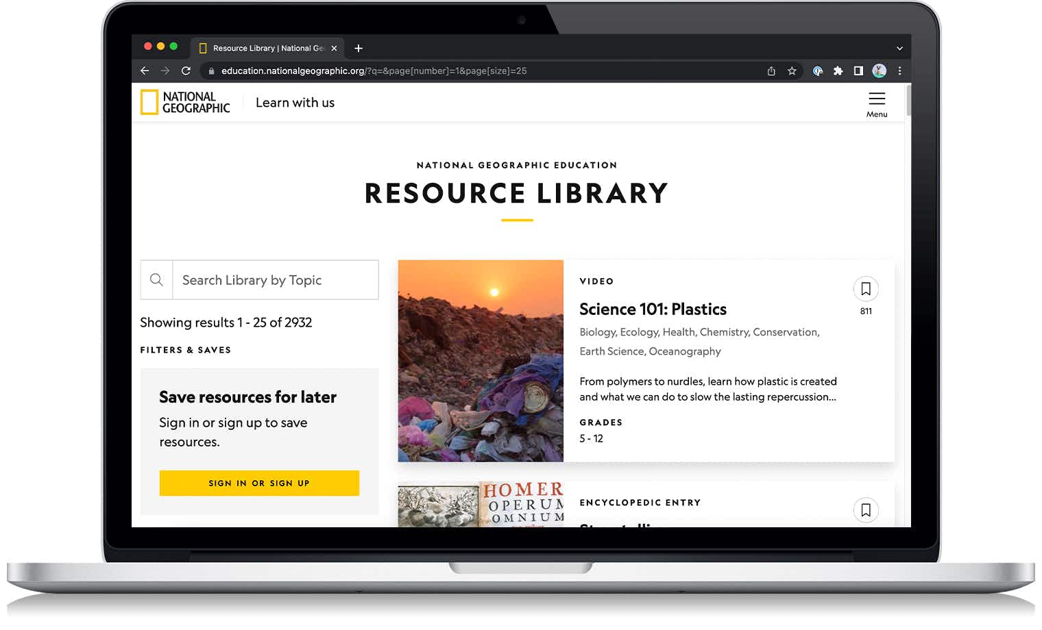 A screenshot from the National Geographic Resource Library website on a laptop