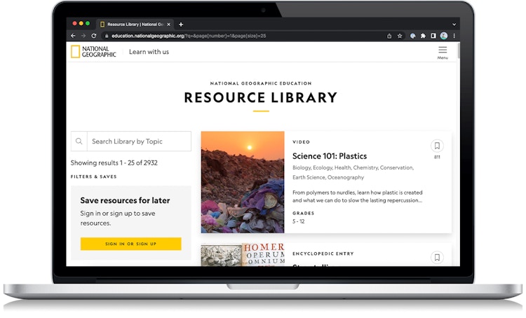 A screenshot from the National Geographic Resource Library website on a laptop