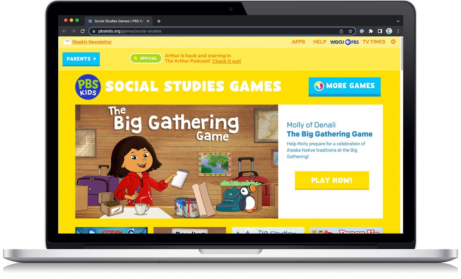 A screenshot from the PBS Kids social studies games website on a laptop