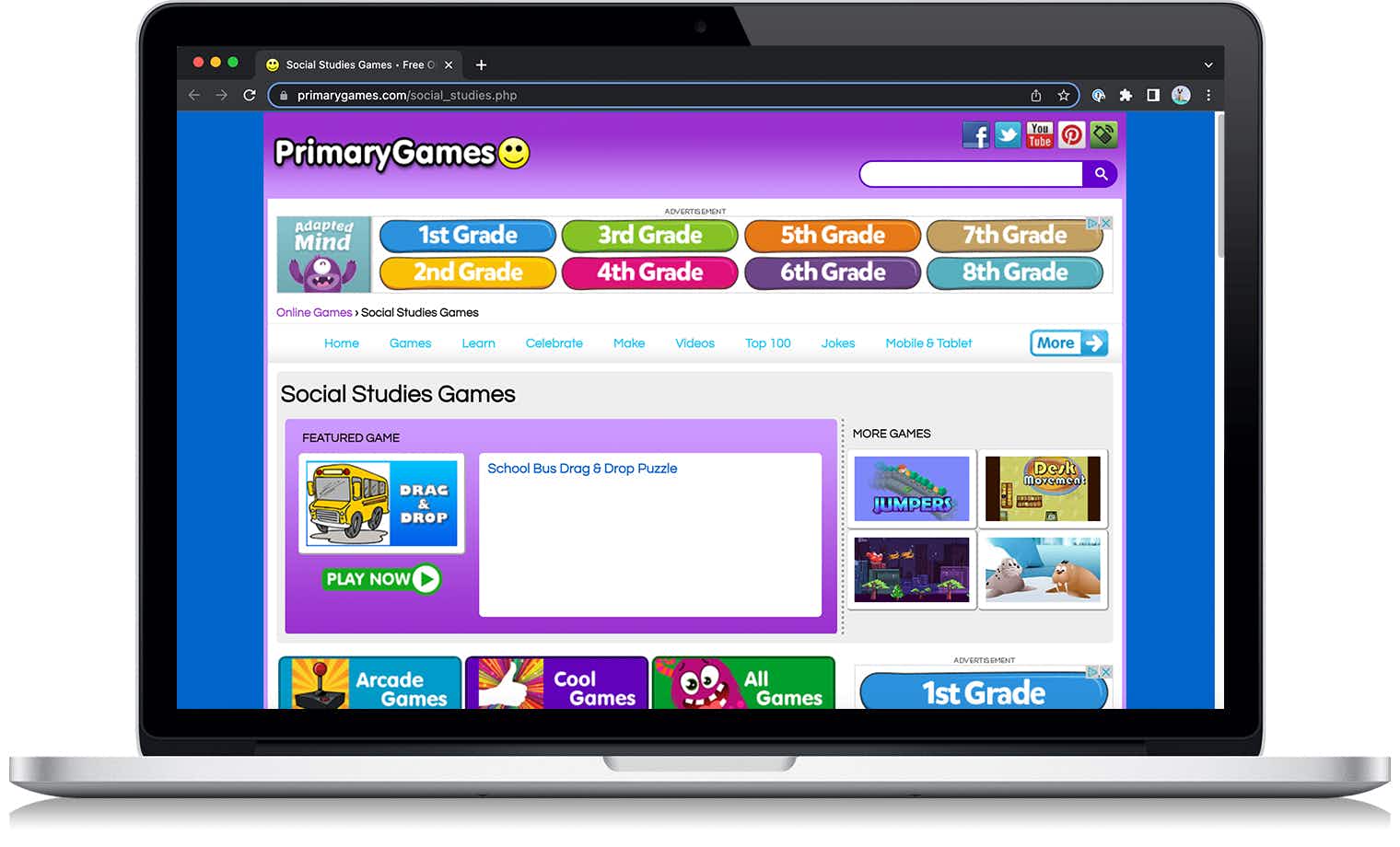 A screenshot from the PrimaryGames social studies games website on a laptop