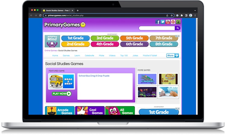 A screenshot from the PrimaryGames social studies games website on a laptop