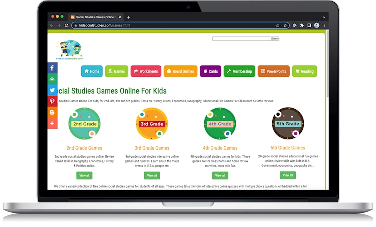 A screenshot from the Kids Social Studies website on a laptop