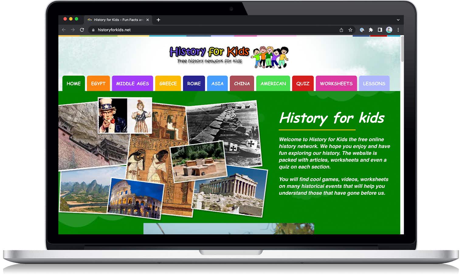 A screenshot from the History for Kids social studies games website on a laptop