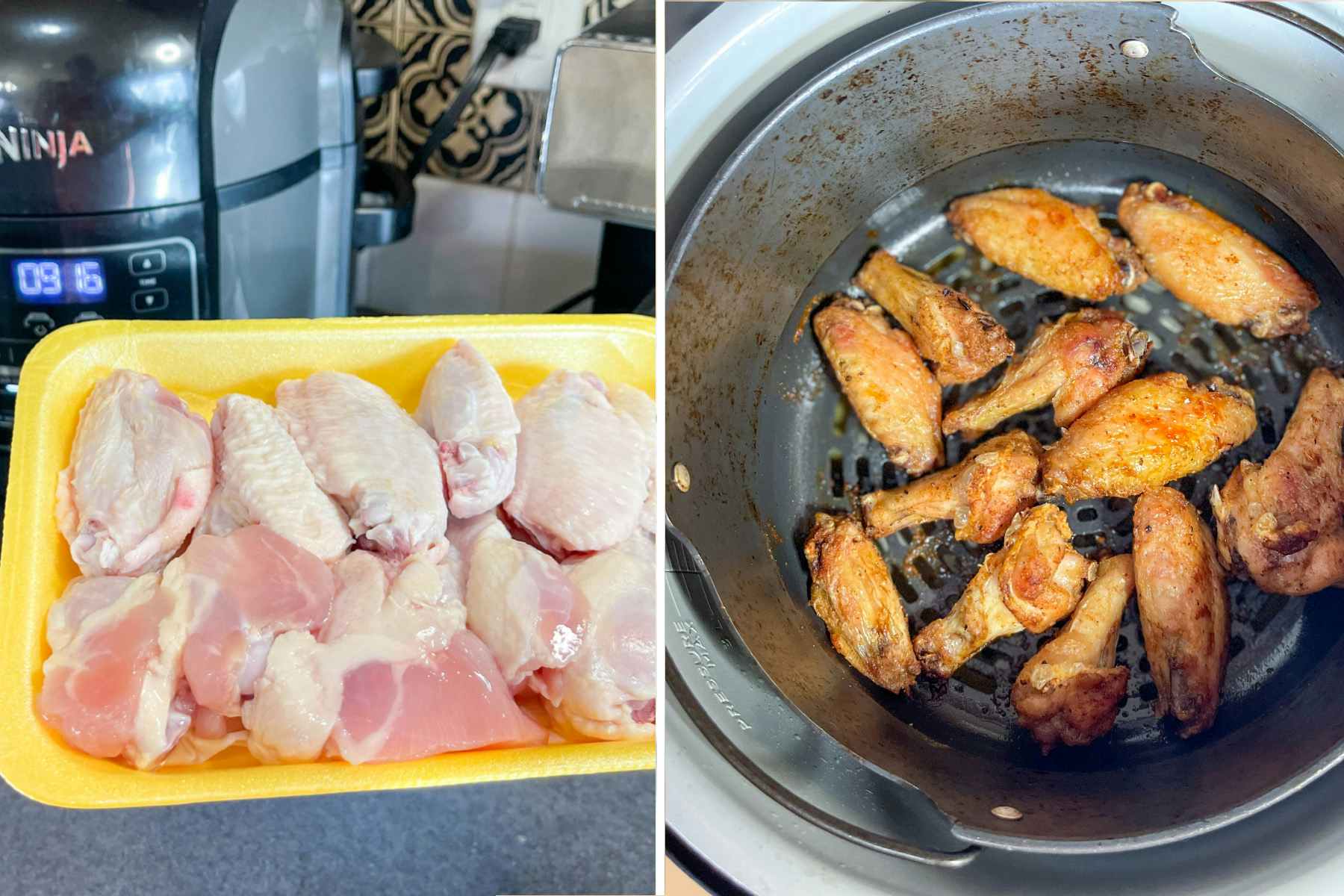 Two images of chicken wings about to go into an air fryer 