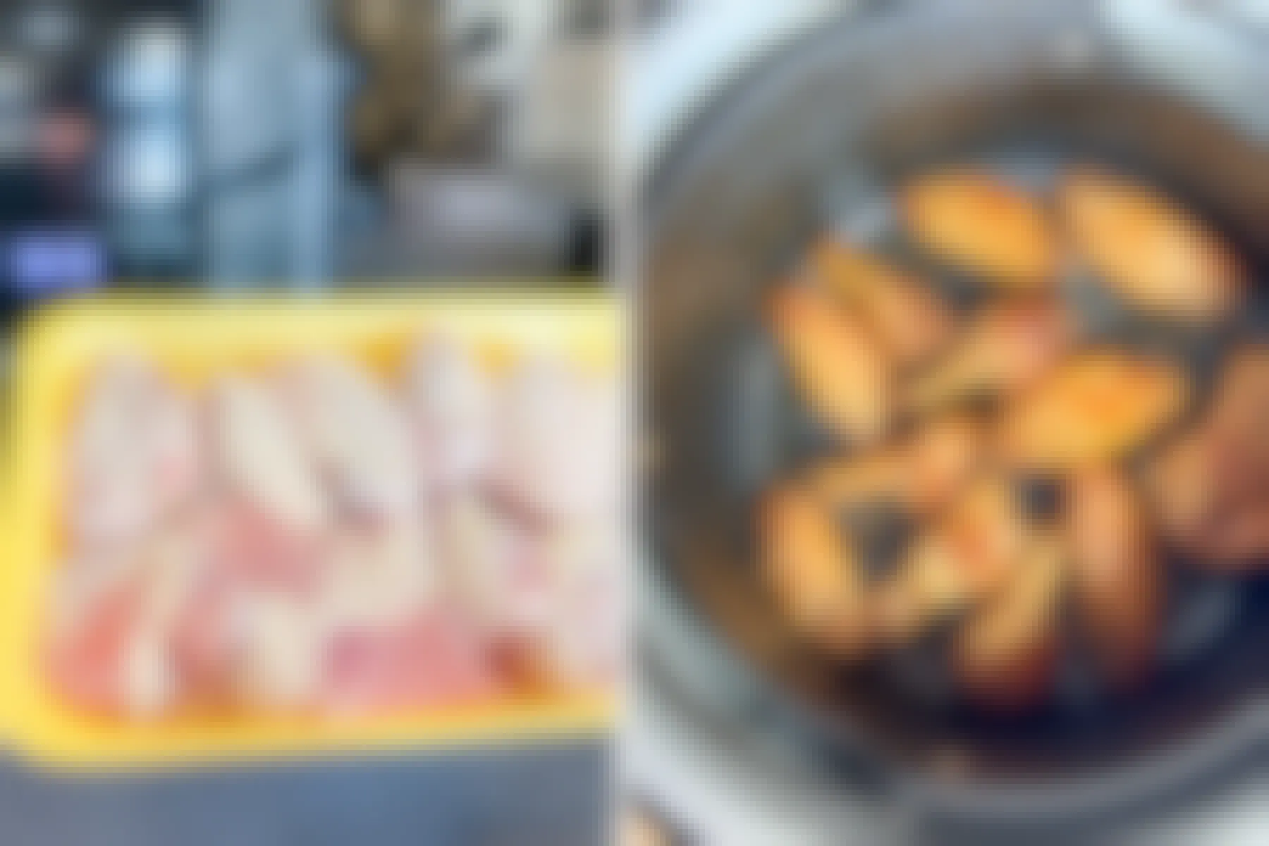 Two images of chicken wings about to go into an air fryer 
