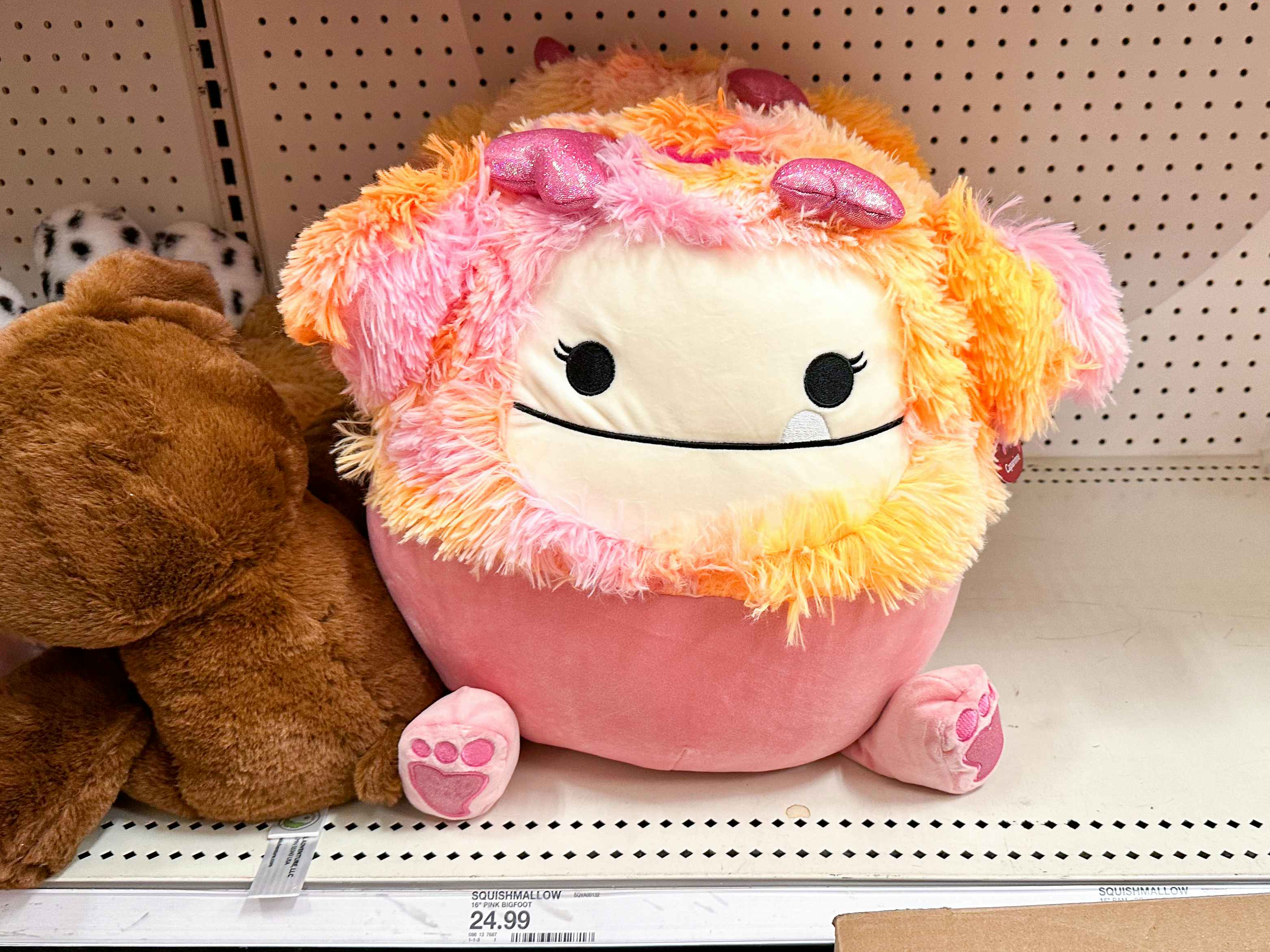 A Caparinne Bigfoot Valentine's Day Squishmallow on a shelf at Target