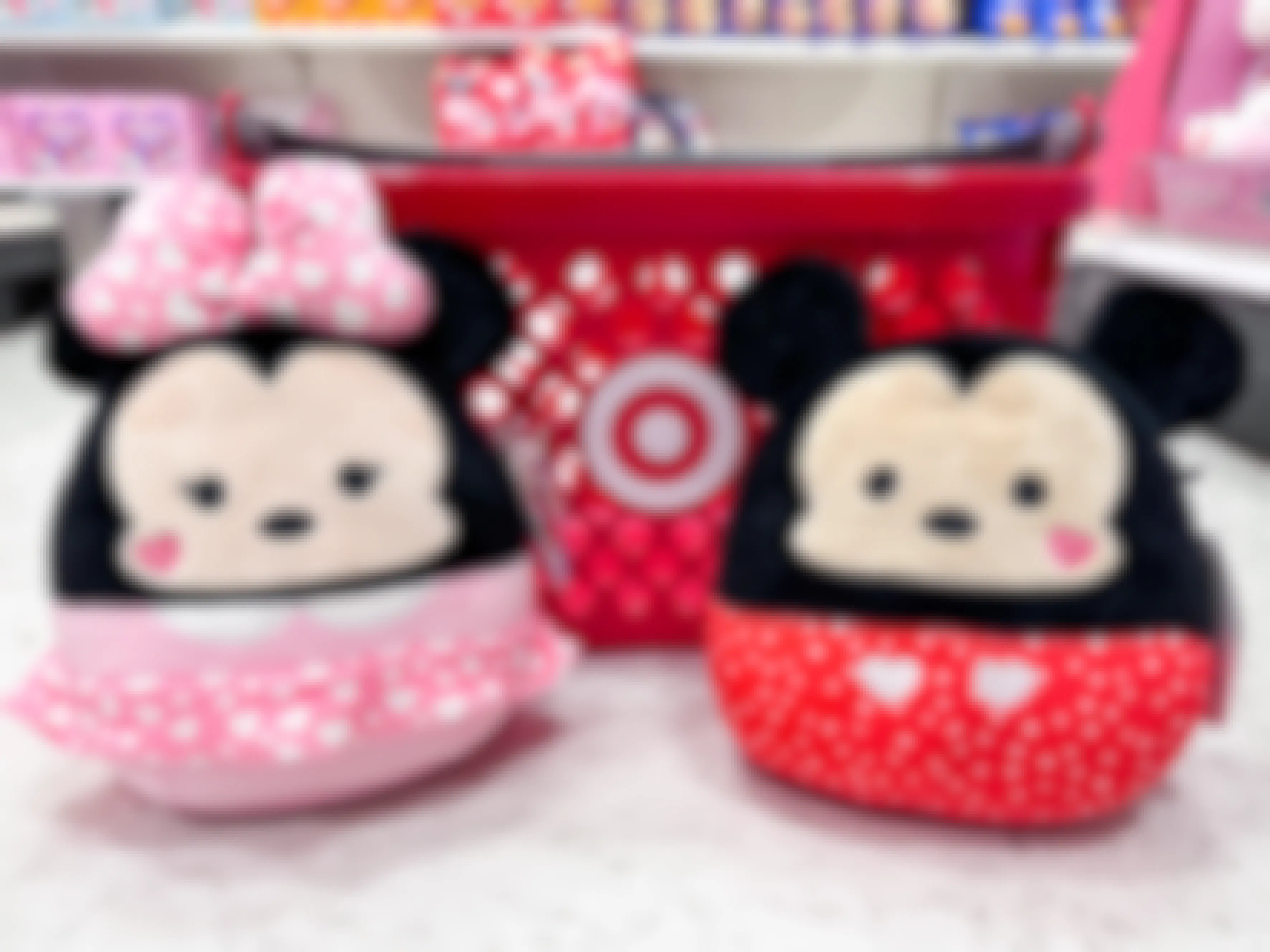 Valentine's Day Mickey and Minnie Mouse squishmallows in front of a Target basket