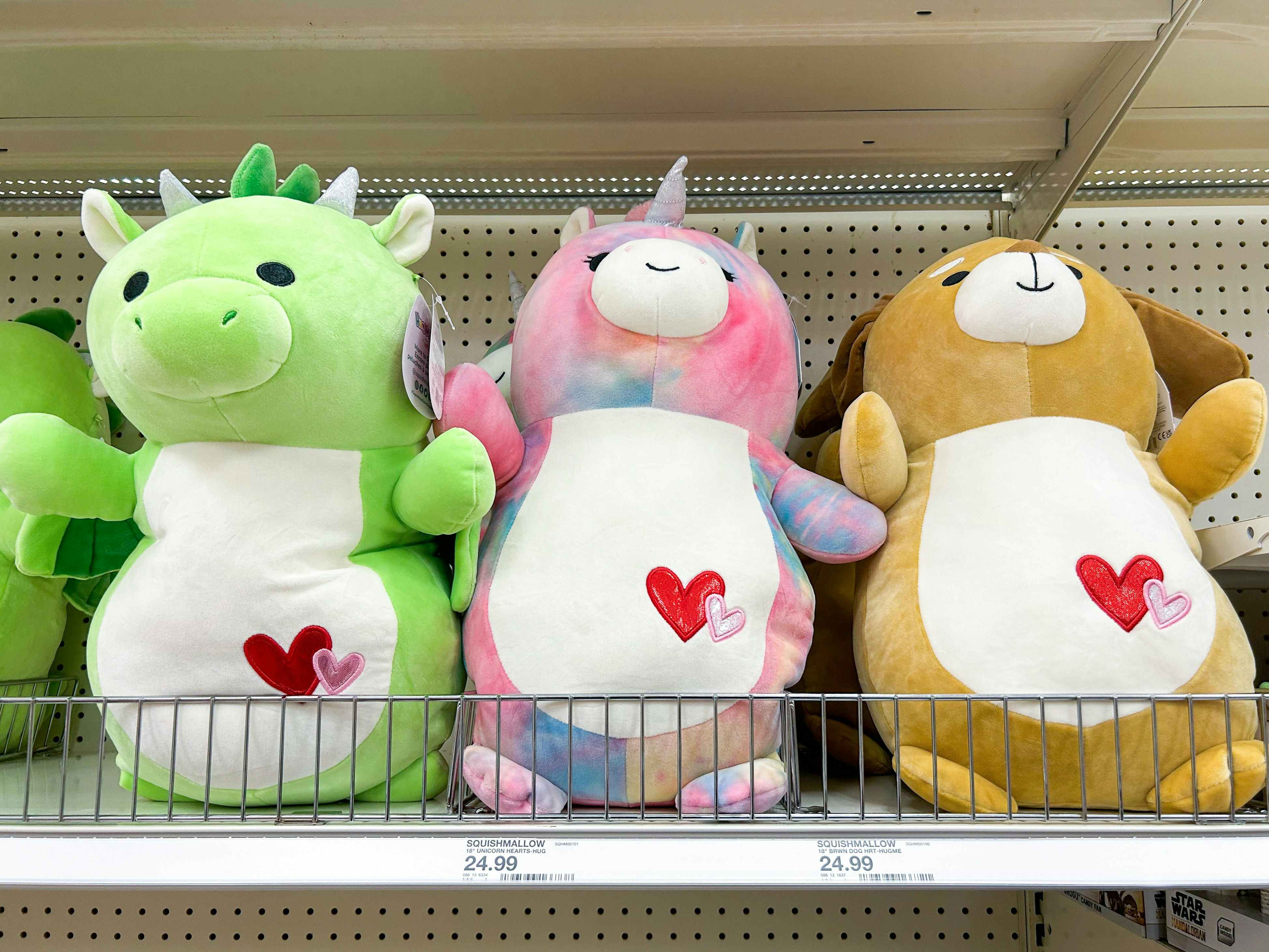 Valentine's Day Hugmallow Squishmallows on a shelf at Target