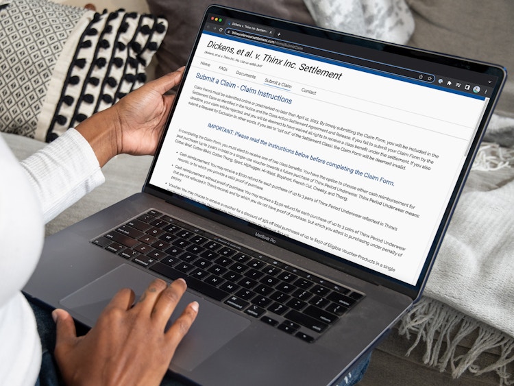 Someone looking at the Thinx settlement online claim webpage