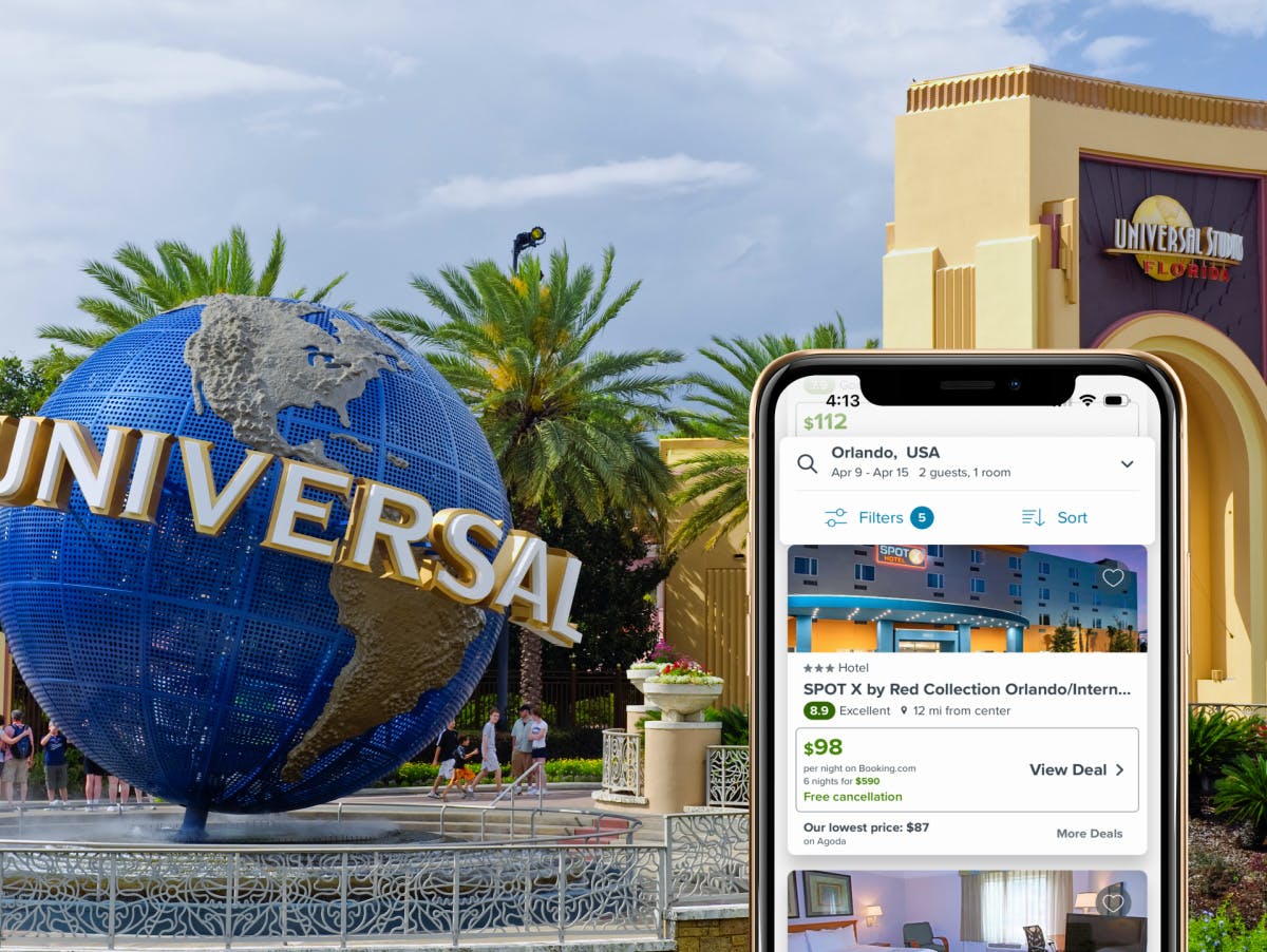 a smartphone showing the Trivago app listing hotels for under $100 in orlando, USA
