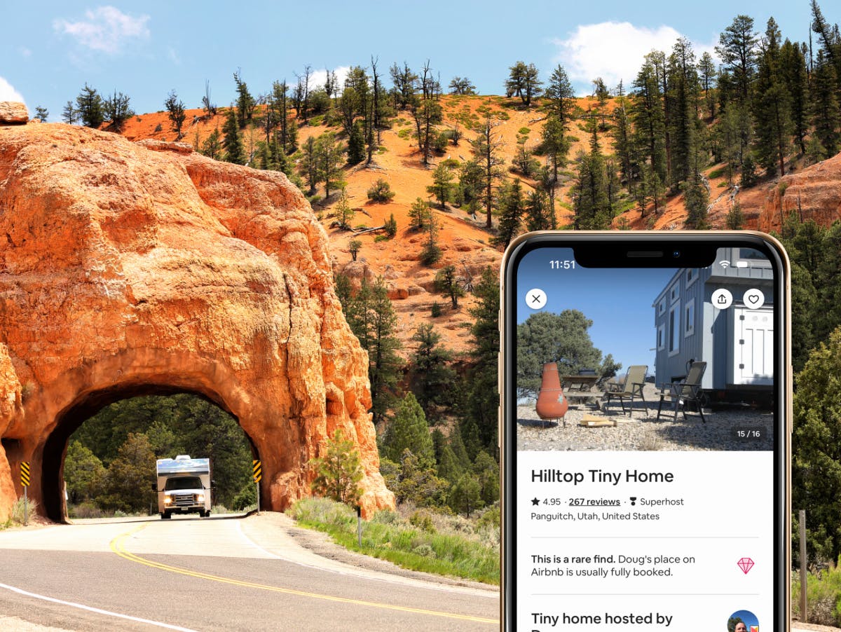 An RV traveling down a road in Bryce Canyon National Park with a smartphone in the bottom right corner showing a tiny home listing on airbnb for that area