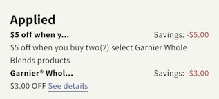 screenshot of coupons deducting from shopping cart