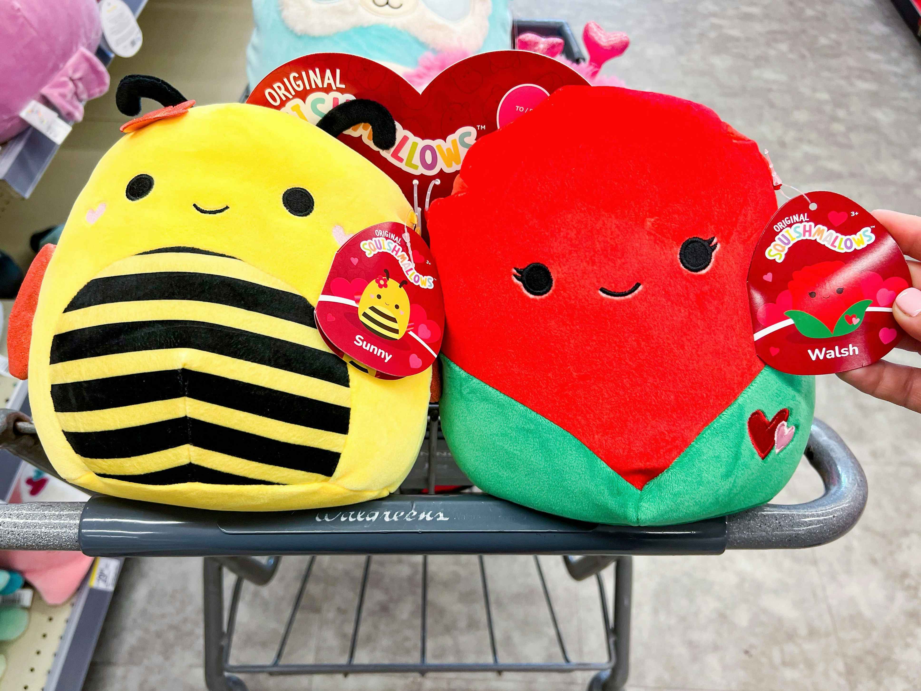 A Valentine's Day set of Sunny and Walsh Squishmallows in a Walgreens cart