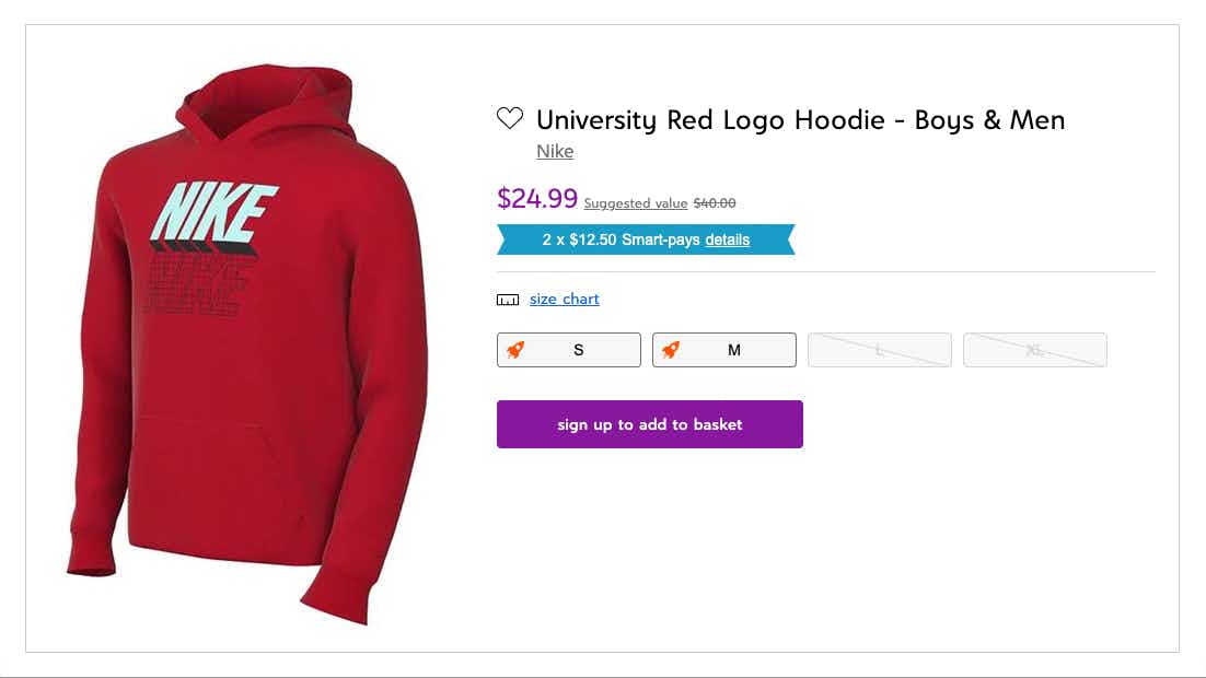 zulily screenshot of mens and boys red university nike logo hoodie