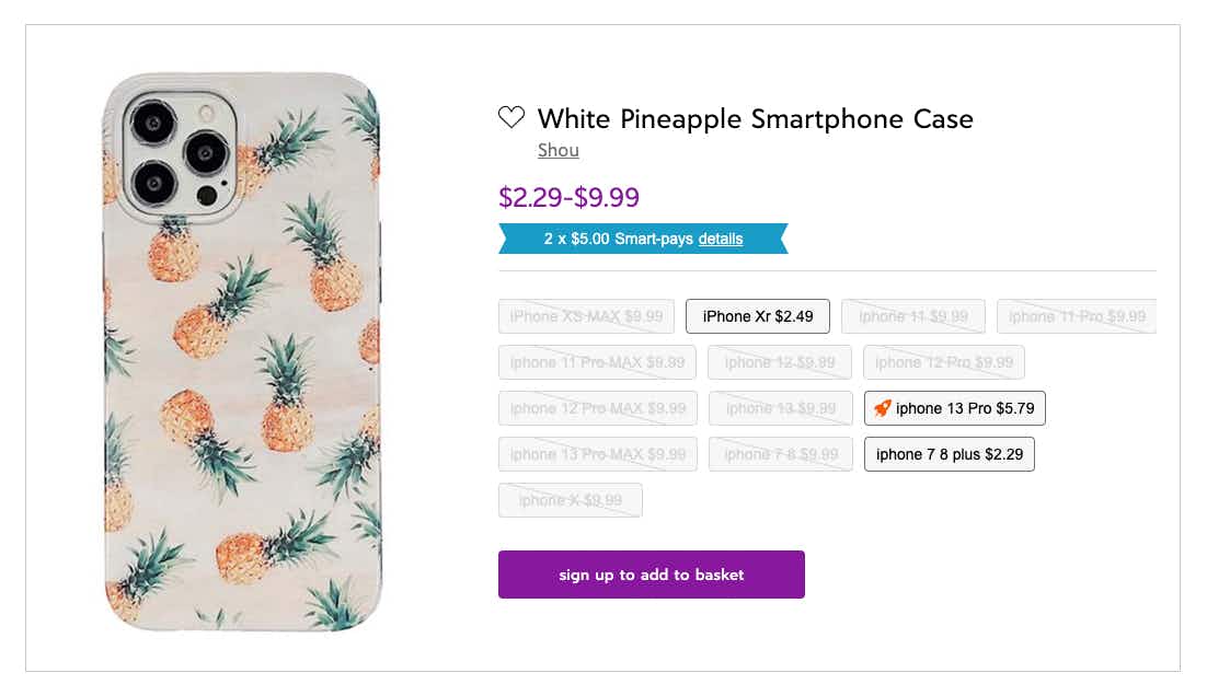 zulily screenshot of shou white pineapple smartphone case