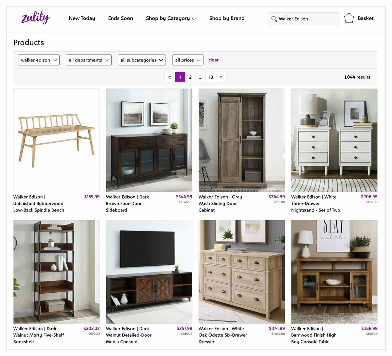 zulily screenshot of walker edison furniture products search results