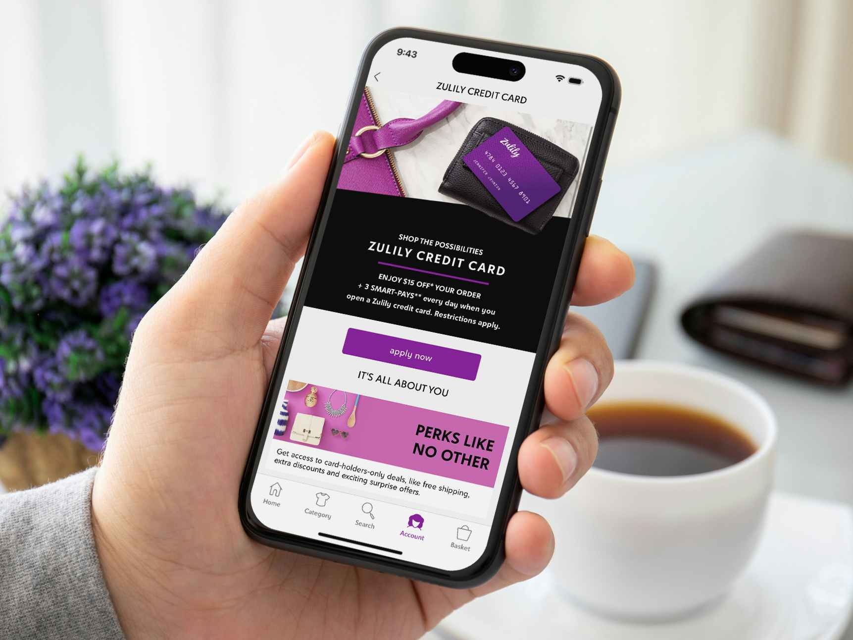 Someone looking at the Zulily credit card information page on their phone