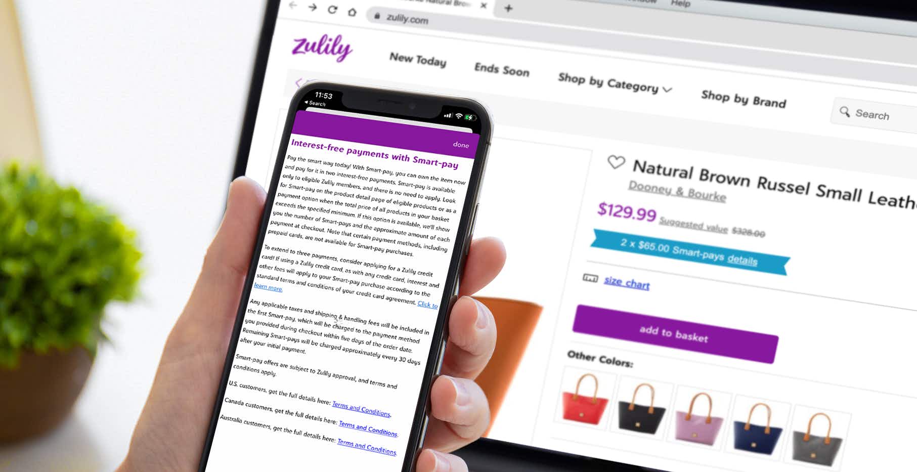 person shopping at zulily and looking at smart pay options on iphone