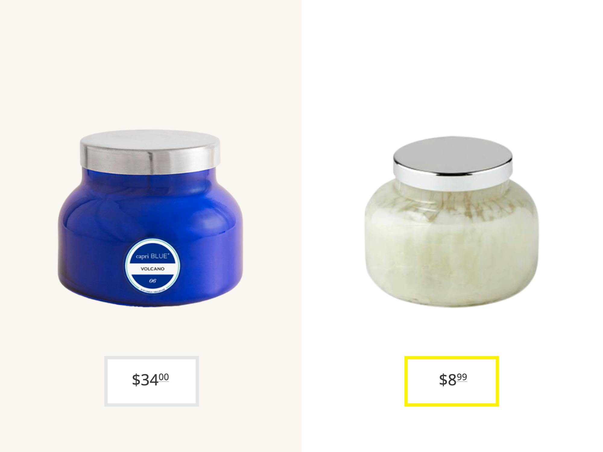 An Anthropologie candle next to an Aldi candle 