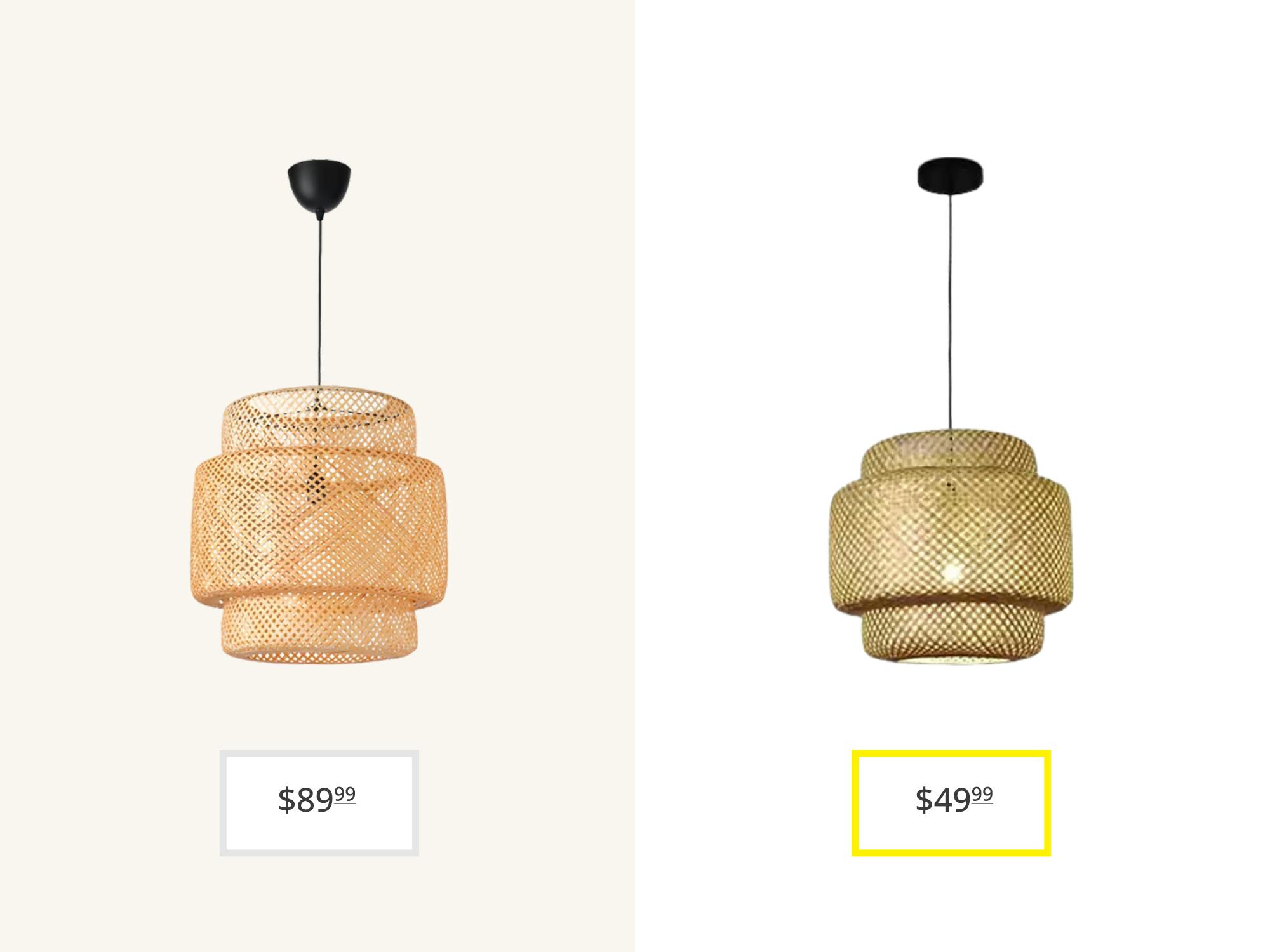 A Bamboo hanging light fixture from IKEA compared to a similar one from Aldi
