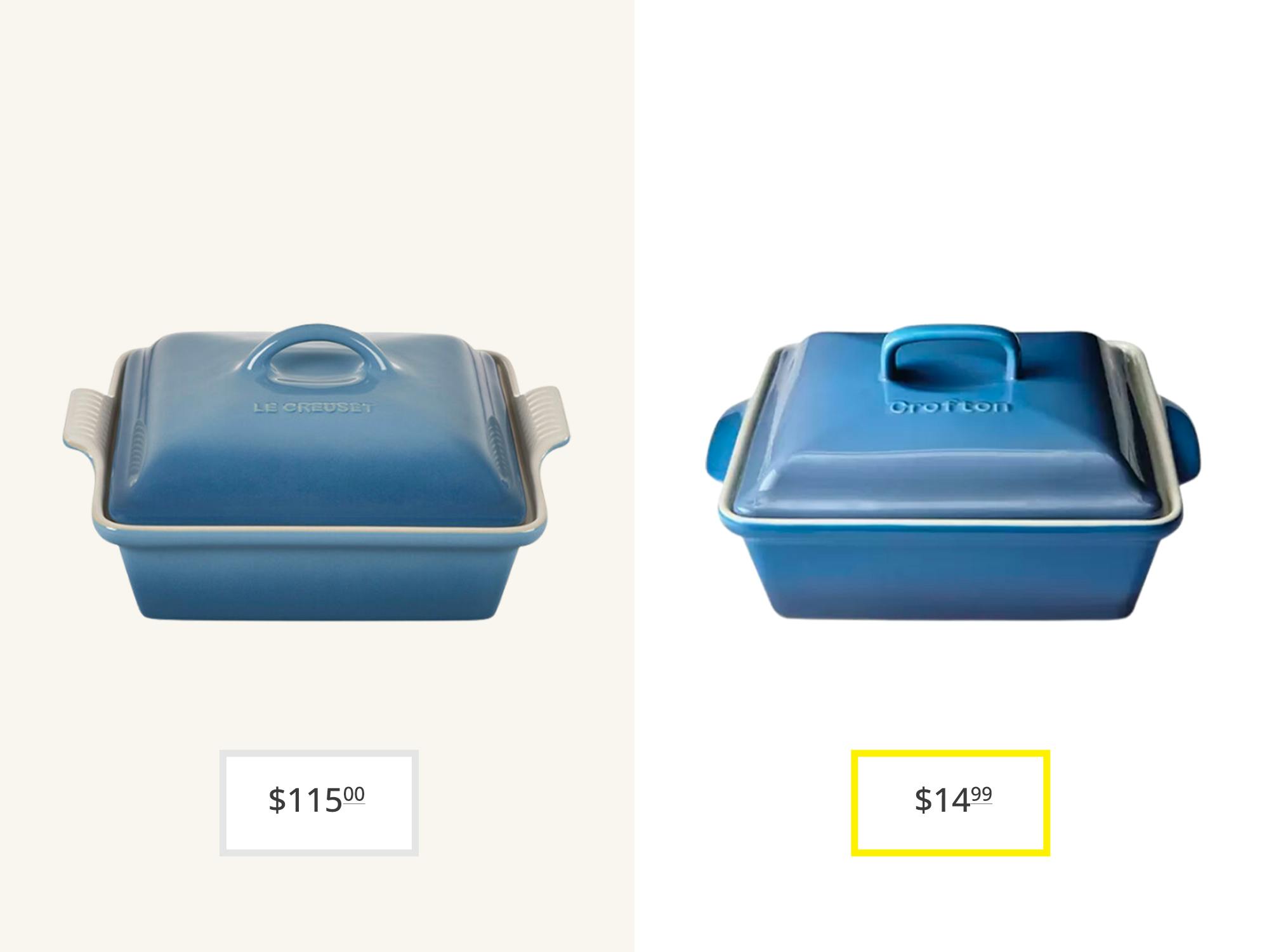 A Le Creuset baking dish compared to a Crofton Stoneware Baking Dish from Aldi