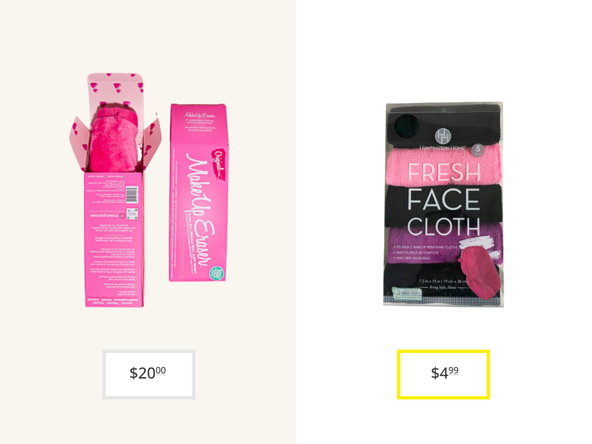 The Original Makeup Eraser face wipe next to the Face Wash cloths from Aldi