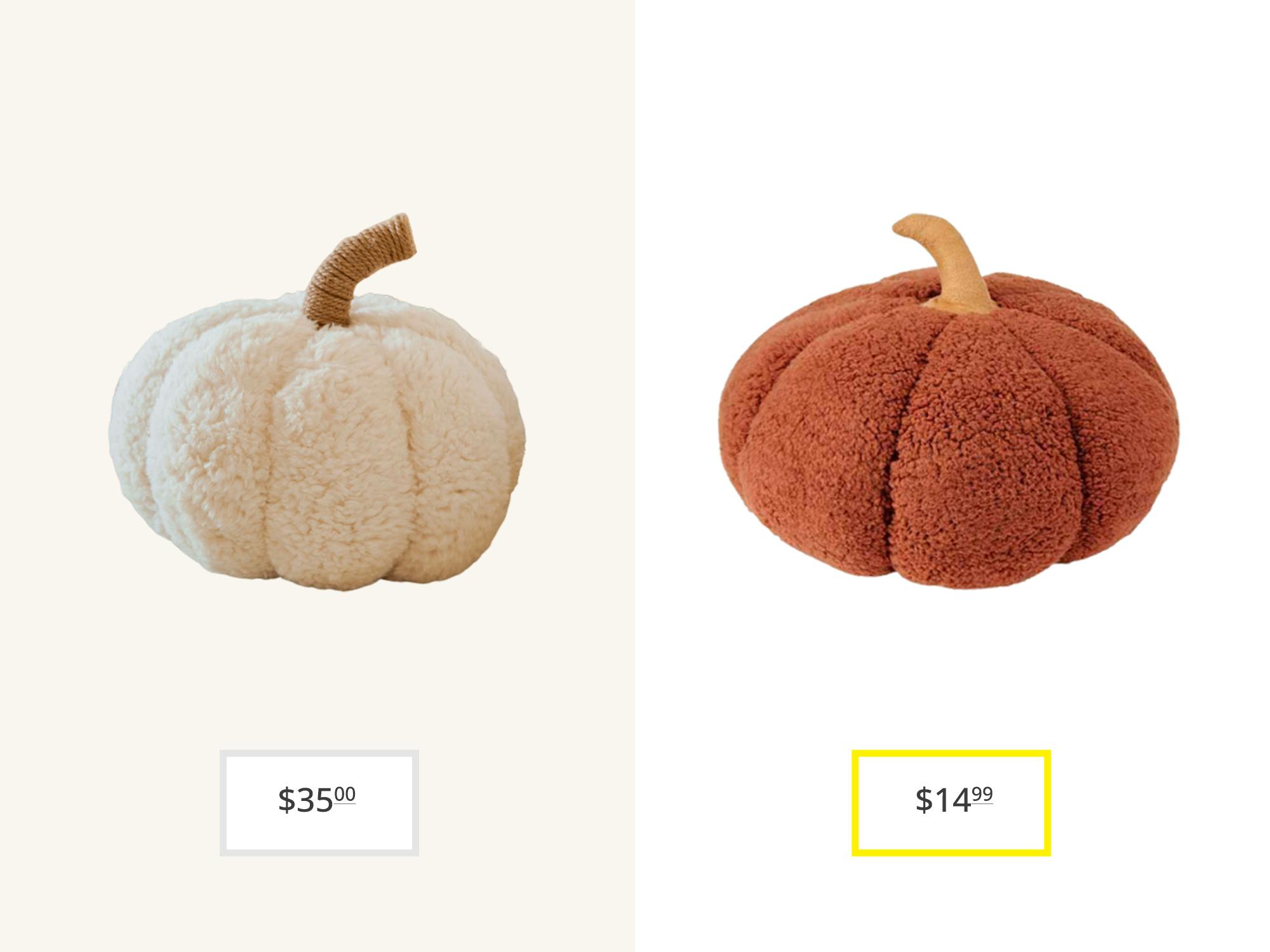 A sherpa pumpkin from Pottery barn and a sherpa pumpkin from Aldi