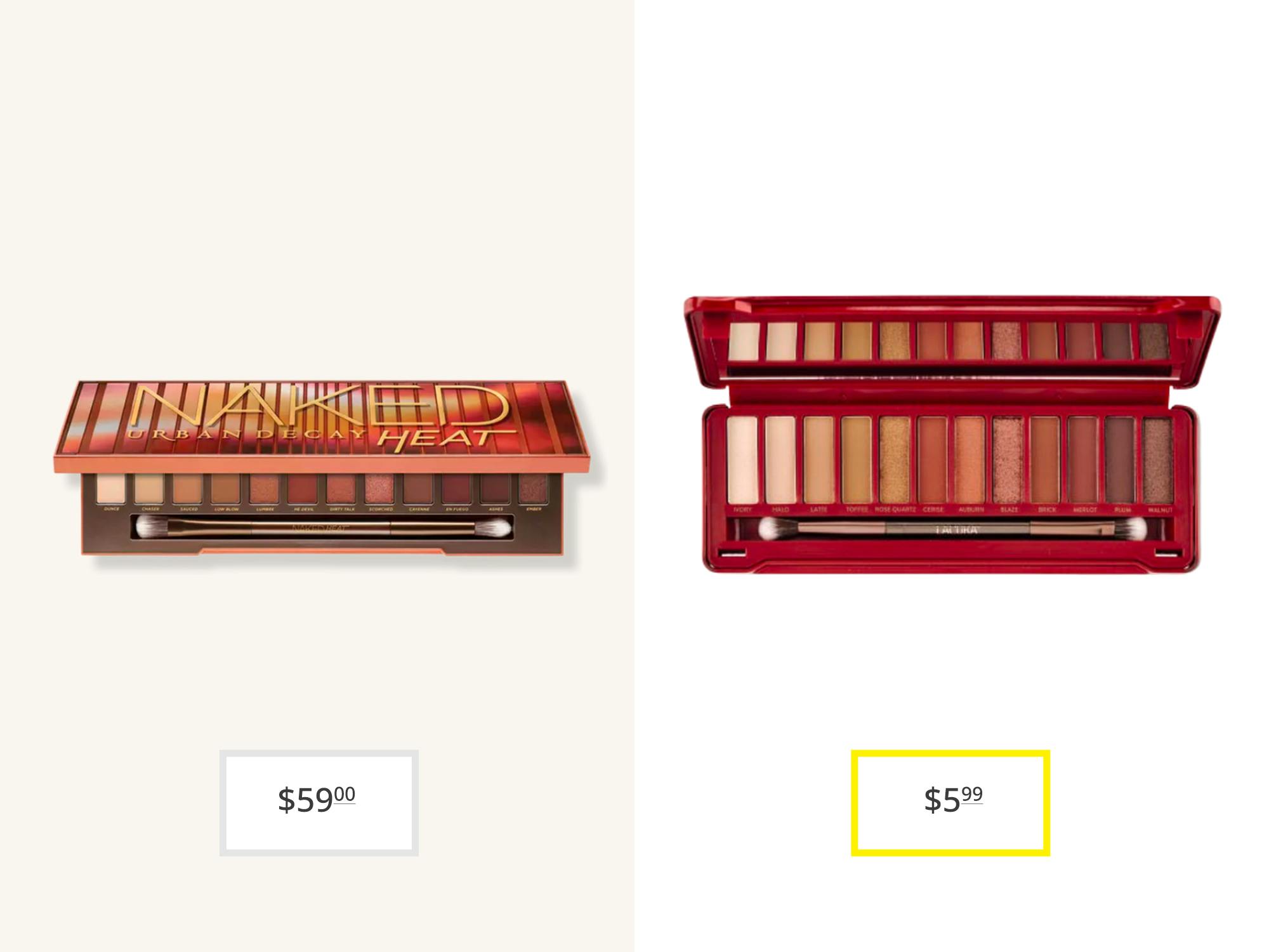 An Urban Decay palette next to a Lacura palette
