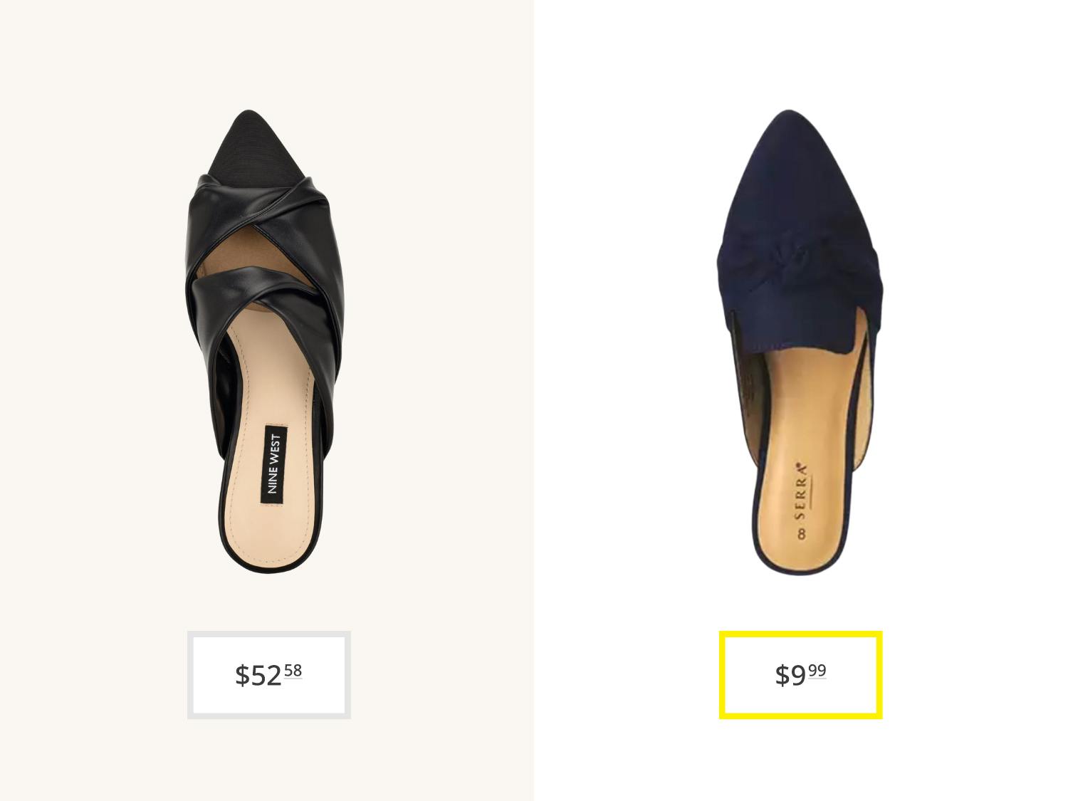 side-by-side comparison price graphic of nine west flats and aldi serra mules