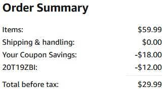 An Amazon order summary ending in $29.99