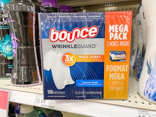130 count box of bounce wrinkle guard dryer sheets