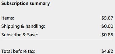 An Amazon subscription summary ending in $4.82