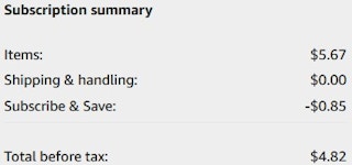 An Amazon subscription summary ending in $4.82