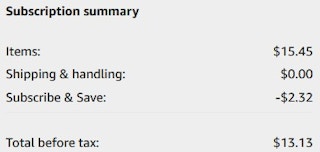 An Amazon subscription summary ending in $13.13