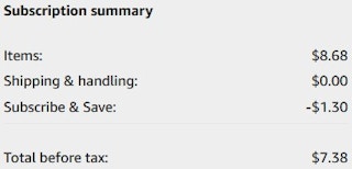 An Amazon subscription summary ending in $7.38