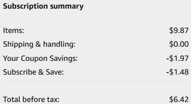 An Amazon subscription summary ending in $6.42.