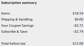 An Amazon subscription summary ending in $12.08