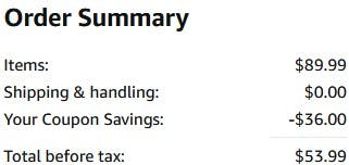 An Amazon order summary ending in $53.99