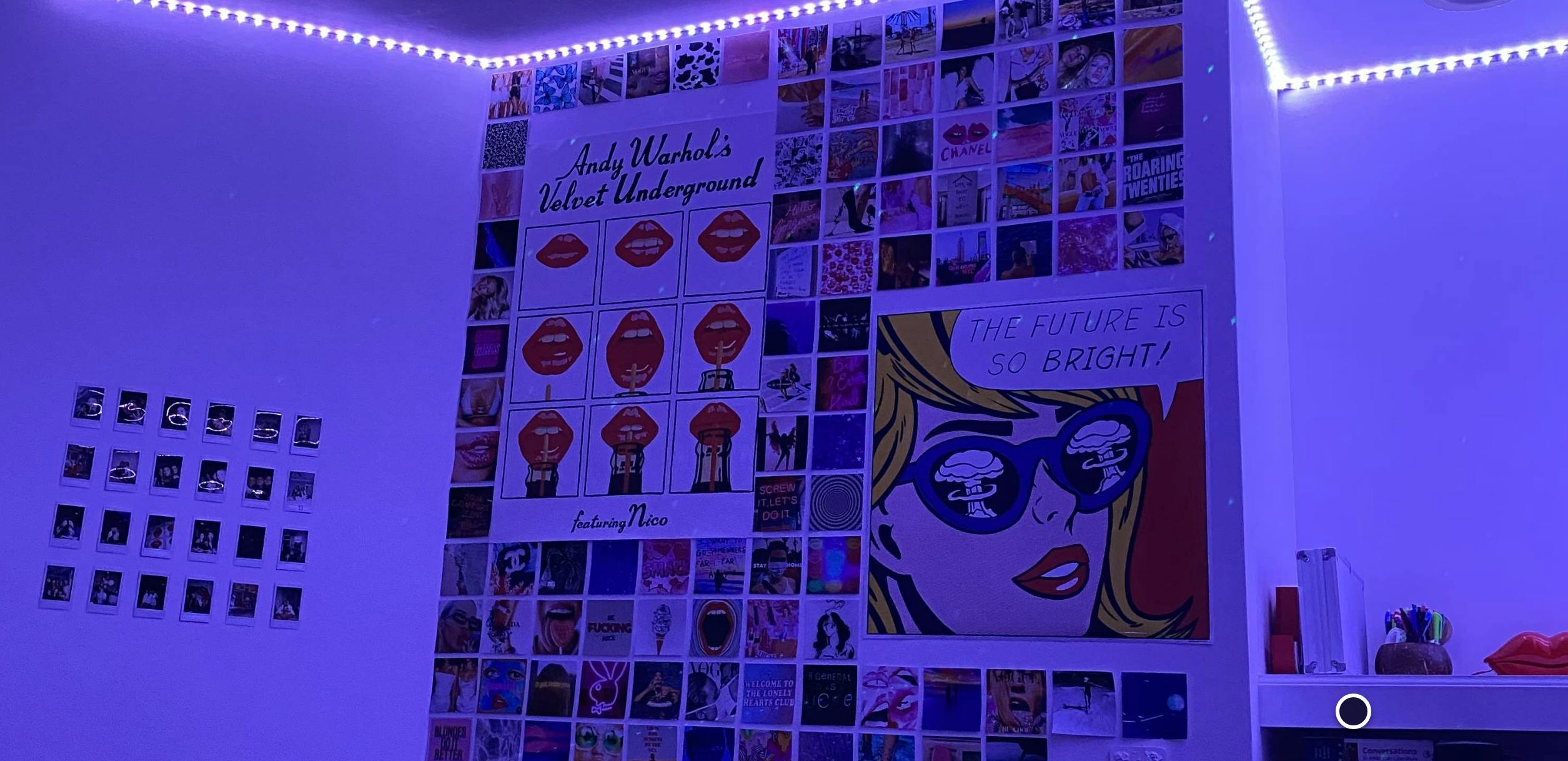 a room with LED light strips and an Andy Warhol photo collage